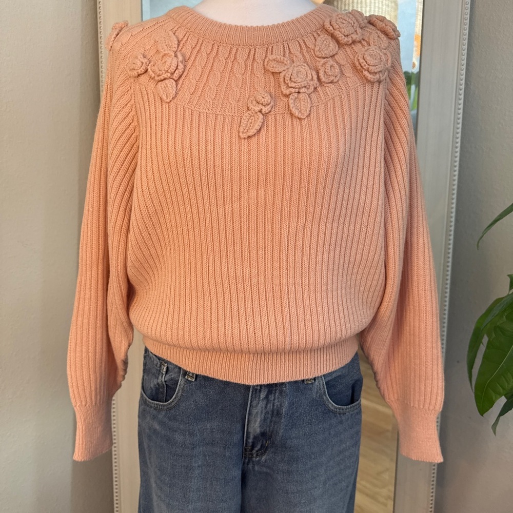 Together Soft Pink Knit Sweater with Floral Accents